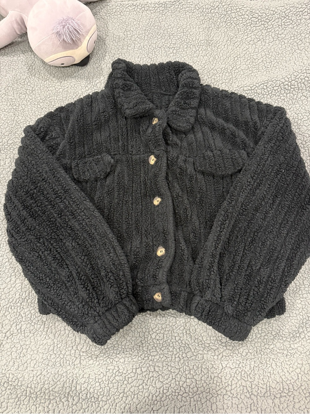 Cozy Black Teddy Button-Front Jacket